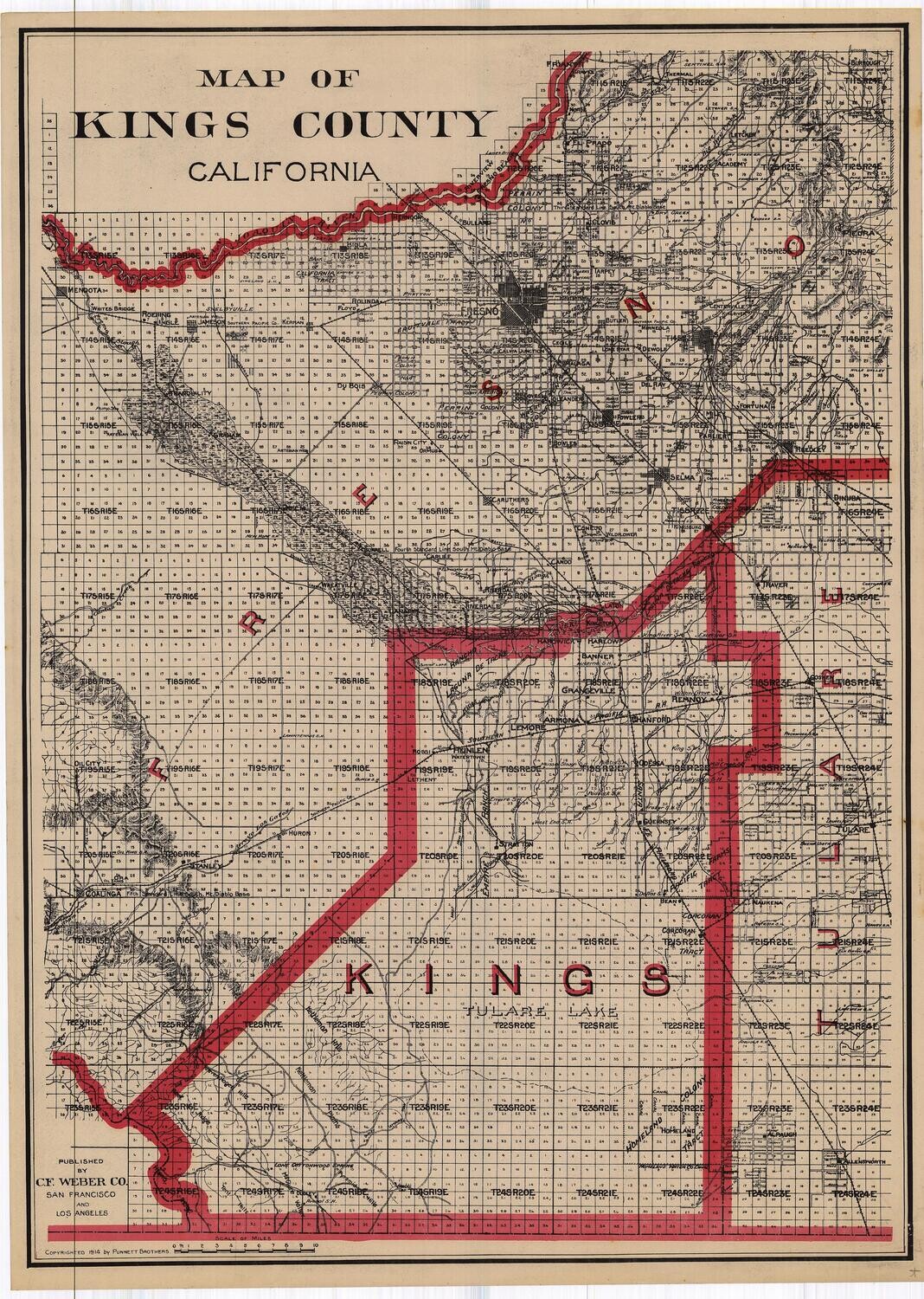 1914 Map of Kings County w/ Fresno by CF Weber in 2 Color Lithography