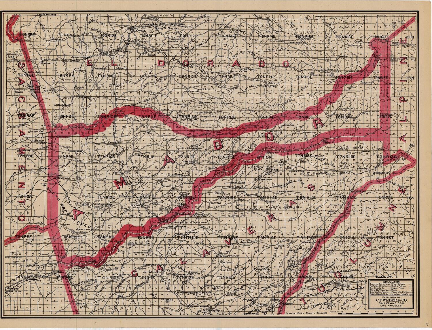 1914 Map of Amador County by CF Weber in 2 Color Lithography
