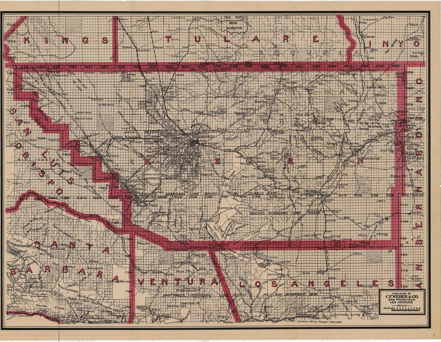 1914 Map of Kern County w/ Oil Fields listed by CF Weber in 2 Color Lithography