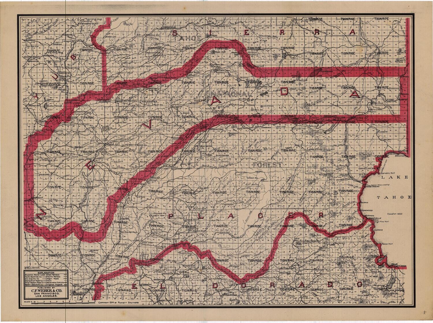 1914 Map of  Nevada and Placer Counties w/ Lake Tahoe by CF Weber in 2 Color Lithography