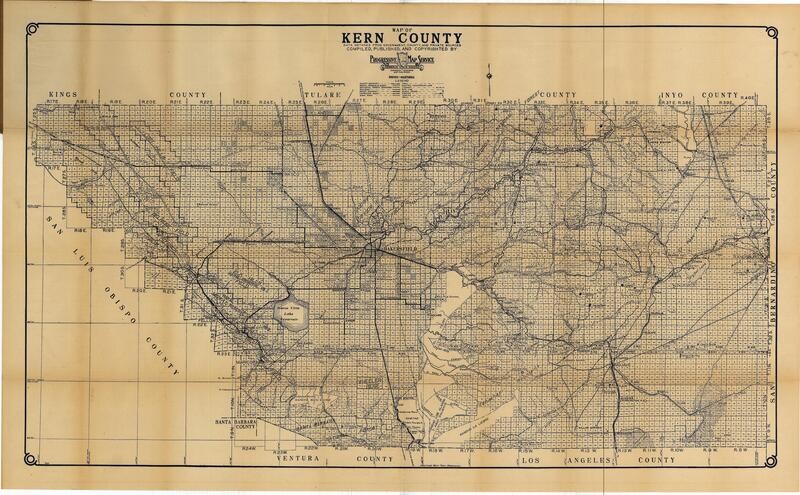 1913 Map of Kern County by the Progressive Map Co. in Blue Printed Lithography