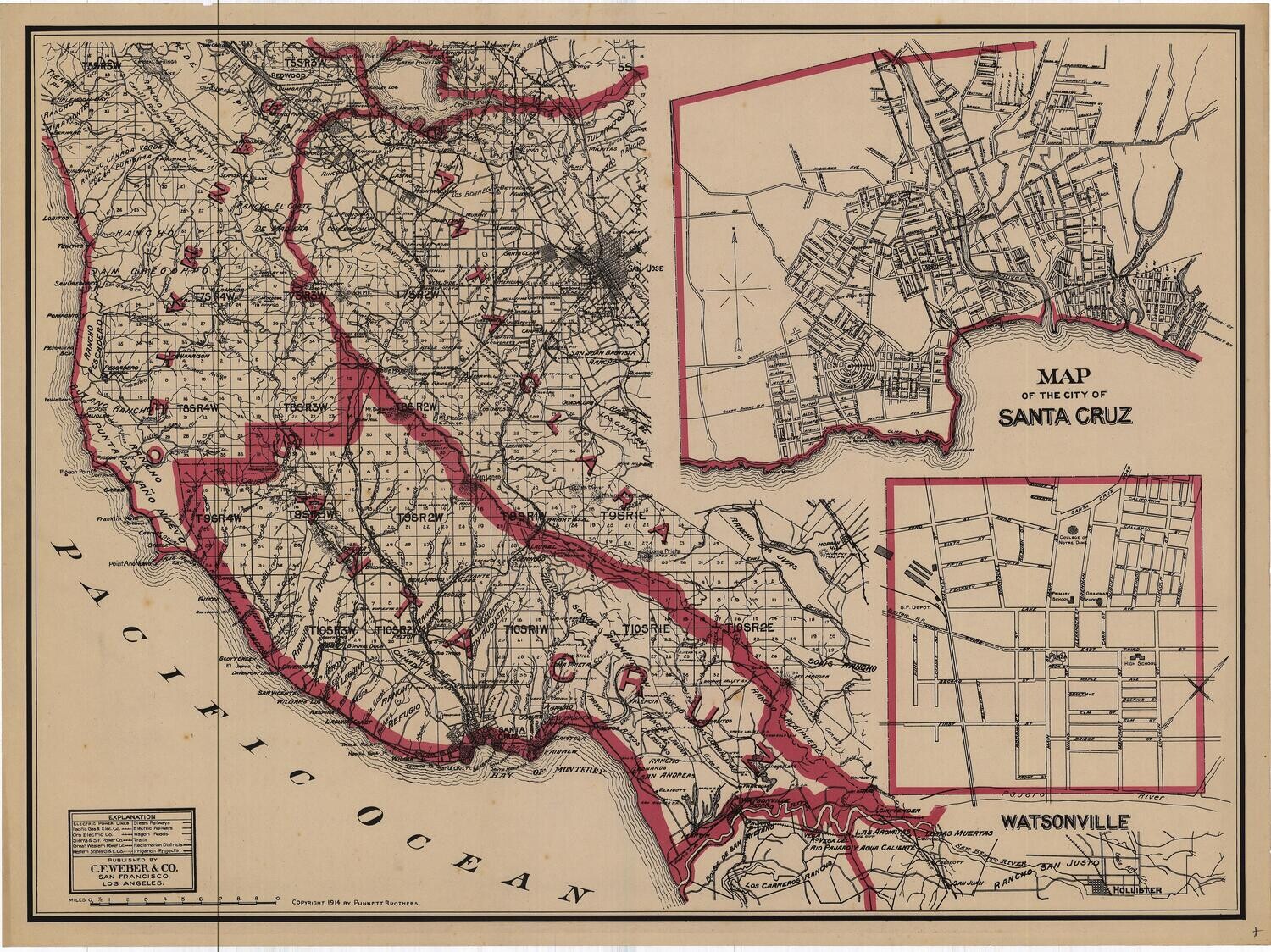 1914 Map of Santa Cruz w/ Bits of San Mateo &amp; Santa Clara by CF Weber in 2 Color Lithography