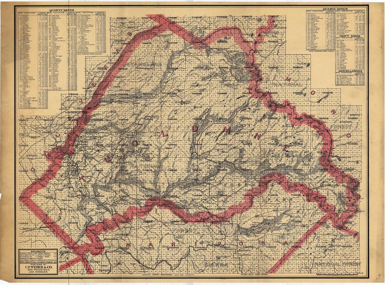 1914 CF Weber map of Tuolumne County w/ Quartz Mines , Yosemite