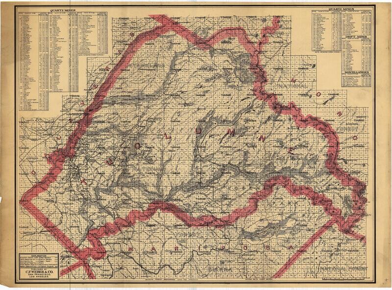 1914 CF Weber Map of Tuolumne County w/ Quartz Mines listed &amp; Yosemite Insert