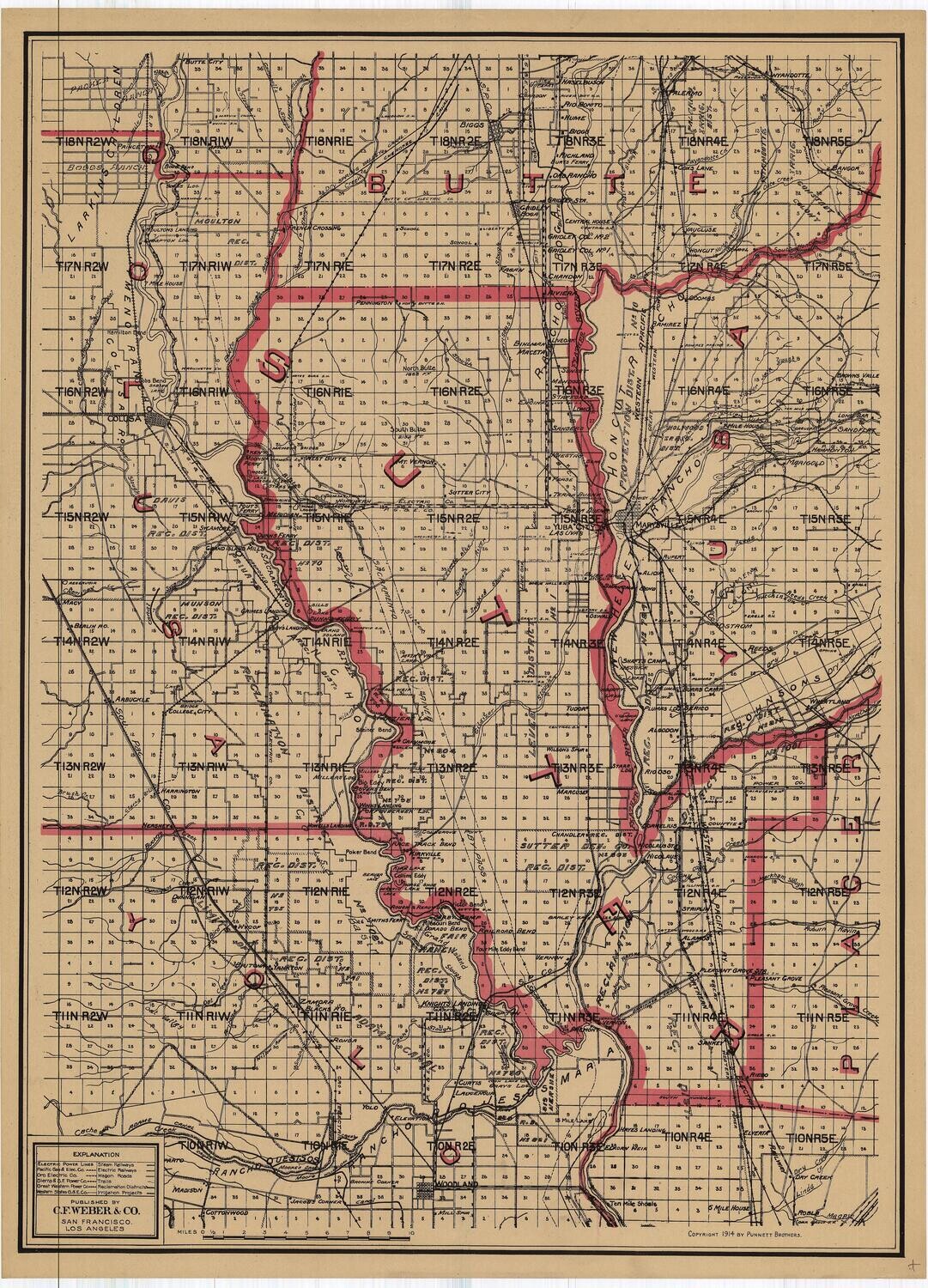 1914 Map of Sutter County w/ Bits of Yolo &amp; Yuba, by CF Weber in 2 Color Lithography