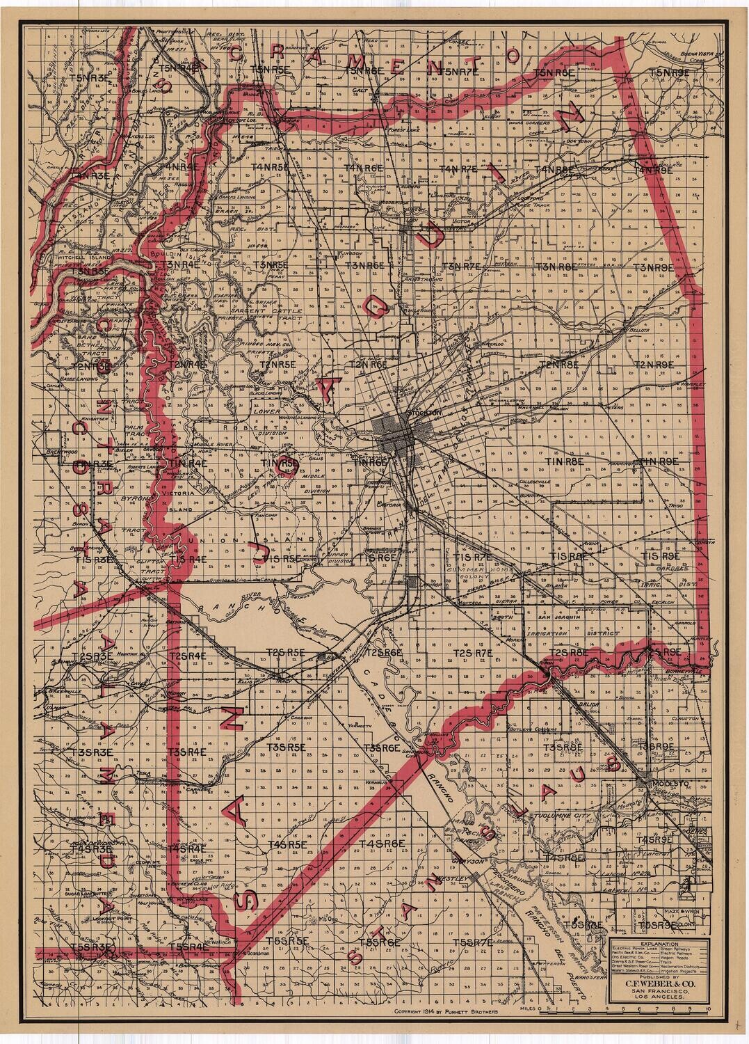 1914 Map of  San Joaquin County by CF Weber in 2 Color Lithography