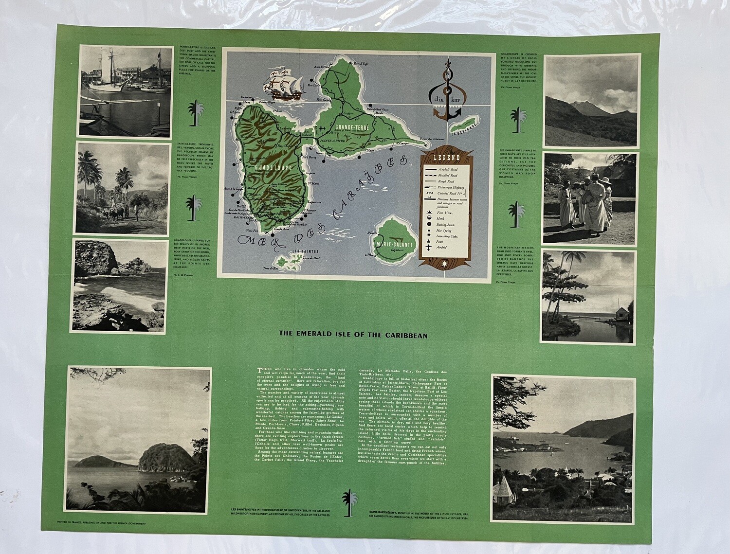 1940&#39;s Tourist Map of Guadeloupe French West Indies Caribbean