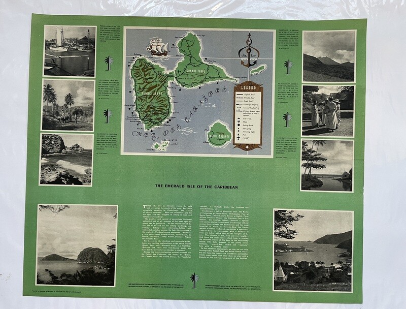 1940's Tourist Map of Guadeloupe French West Indies Caribbean