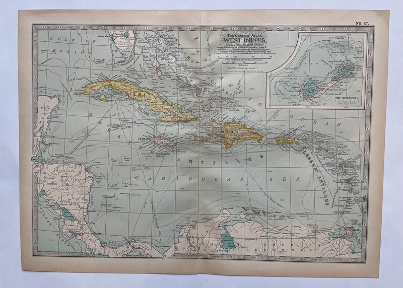 1911 Map of the West Indies by Century Atlas in Color Lithography