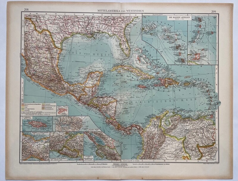 1923 Map of Central America and Caribbean by Stieler in Chromolithography in German