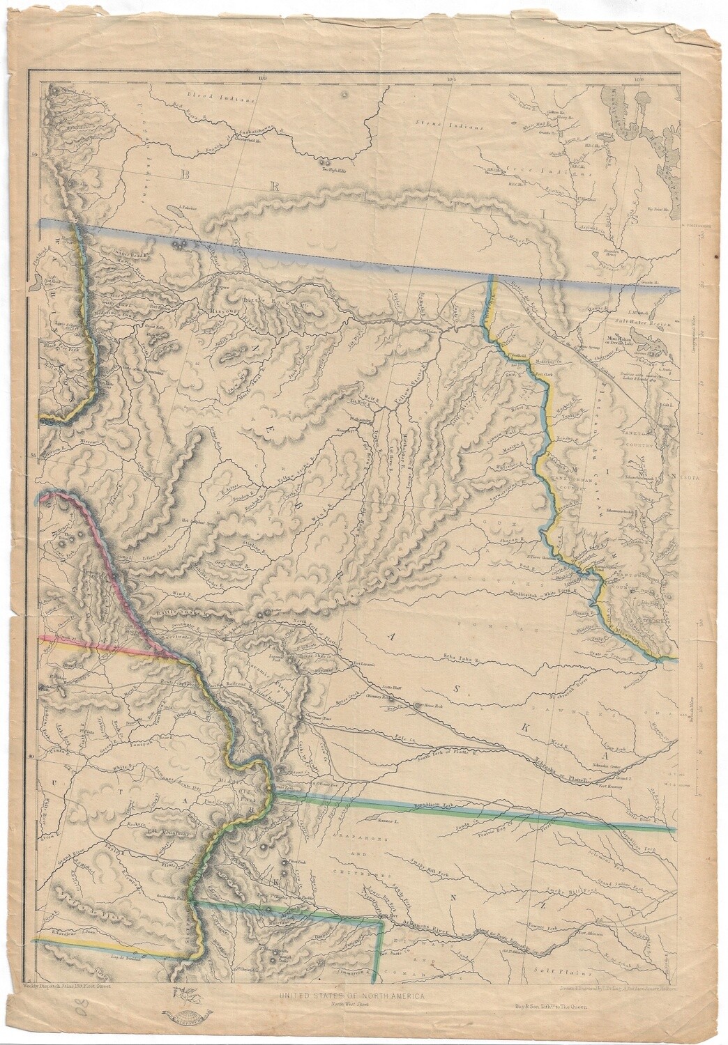 1857 Map of Idaho, Nebraska &amp; Colorado w/hand water color