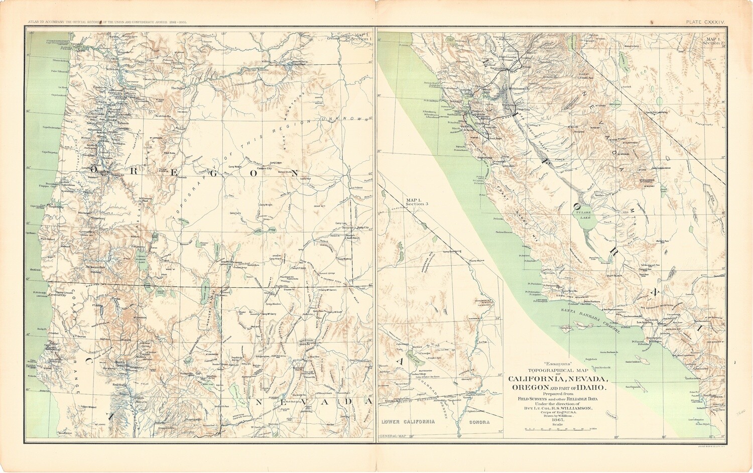 1868  Civil War Map of California, Oregon and Nevada