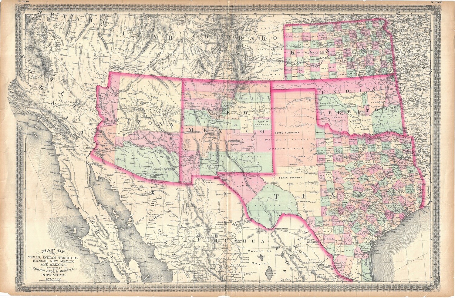 1870 Map of Western States, Arizona,Texas,New Mexico Kansas by Tainter