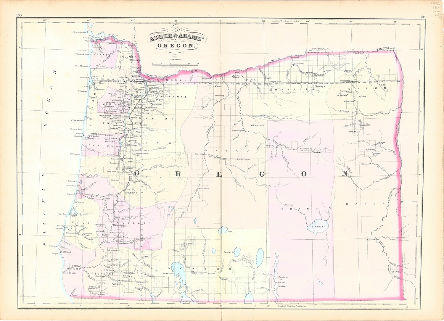 1872 Map of Oregon by Asher &amp; Adams in Lithography