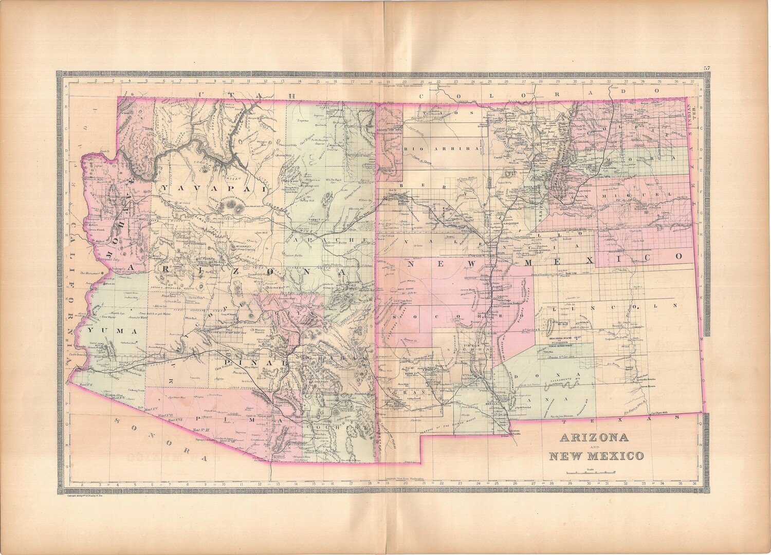 1886 Map of Arizona &amp; New Mexico by Bradley&#39;s in Lithography