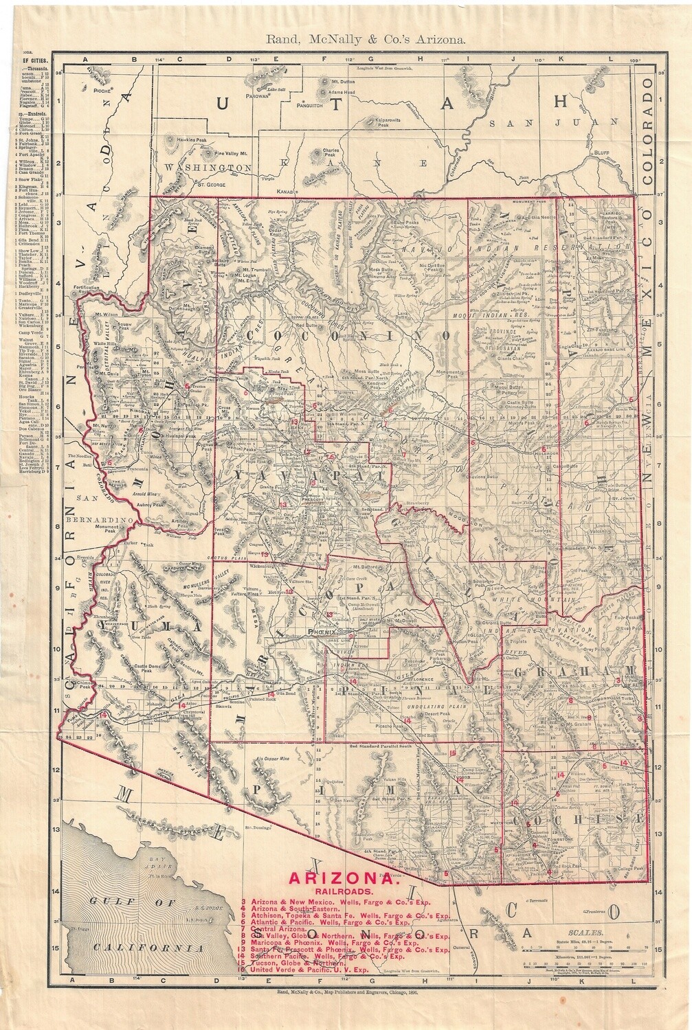 1896 Folding Railroad Map of Arizona by Rand McNally in Color Lithography