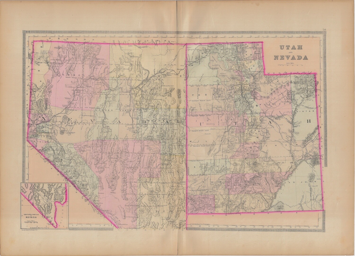 1886 Map of Utah &amp; Nevada by Bradley&#39;s
