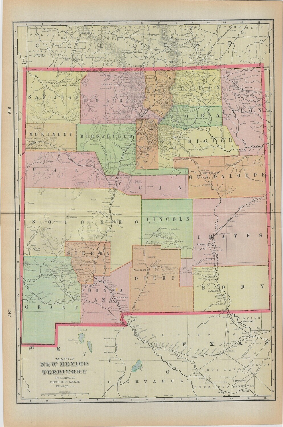 1899 Map of New Mexico Territory by Geo.Cram in Color Lithography