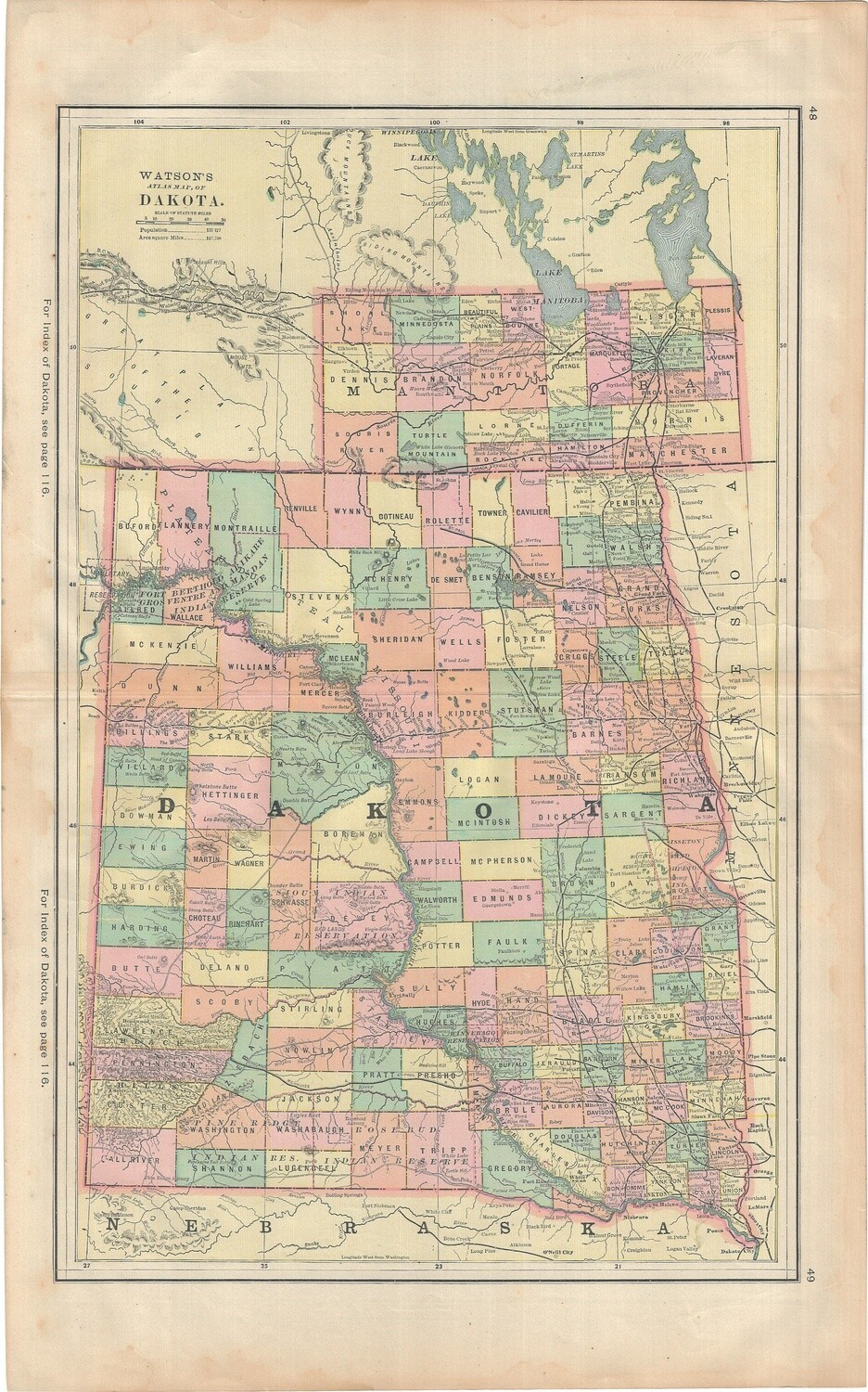 1898 Map of Dakota for Watson's Atlas in Color Lithography
