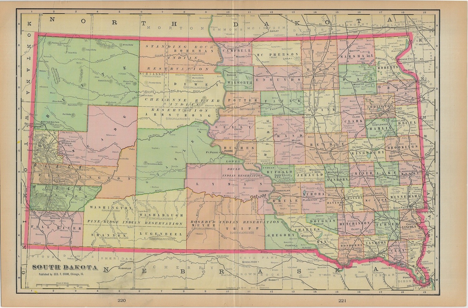 1903 Map of South Dakota by Geo.Cram in Color Lithography