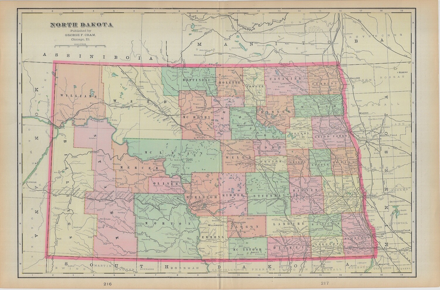 1903 Map of North Dakota by Geo.Cram in Color Lithography