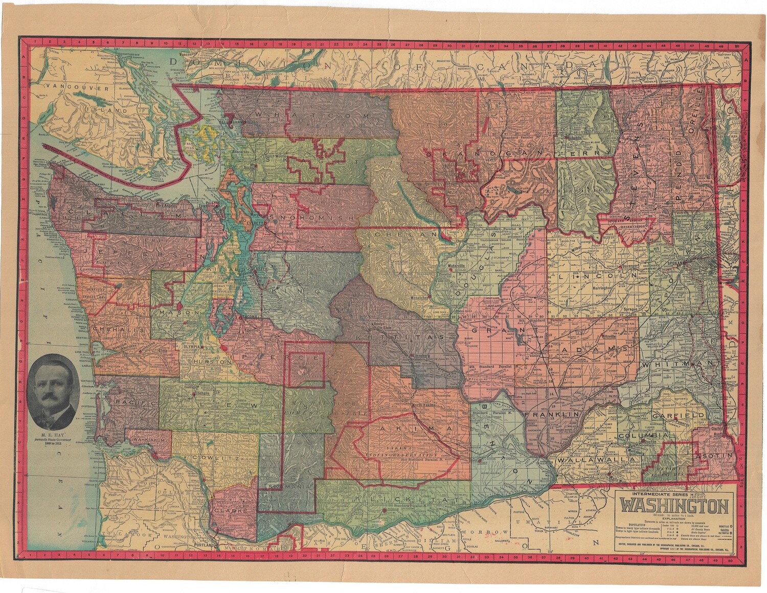 1915 Map of Washington State by The Geographical Publishing Company in Color Lithography