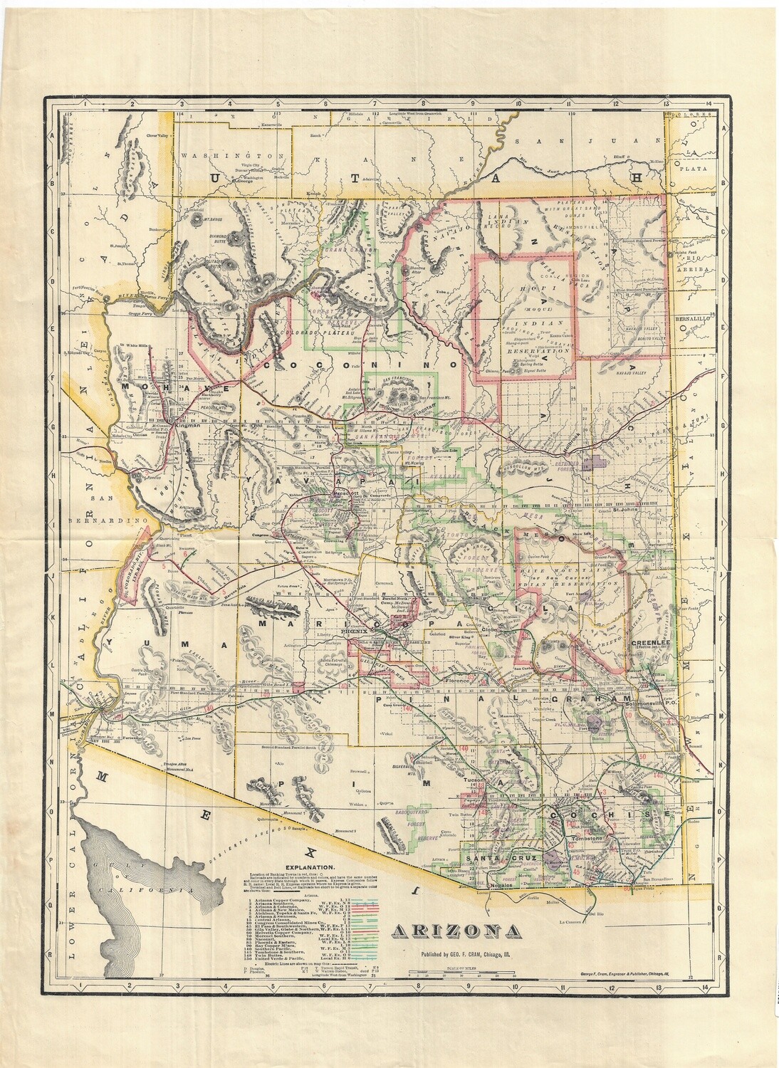 1911 Folding Map of Arizona by Geo.Cram in Color Lithography