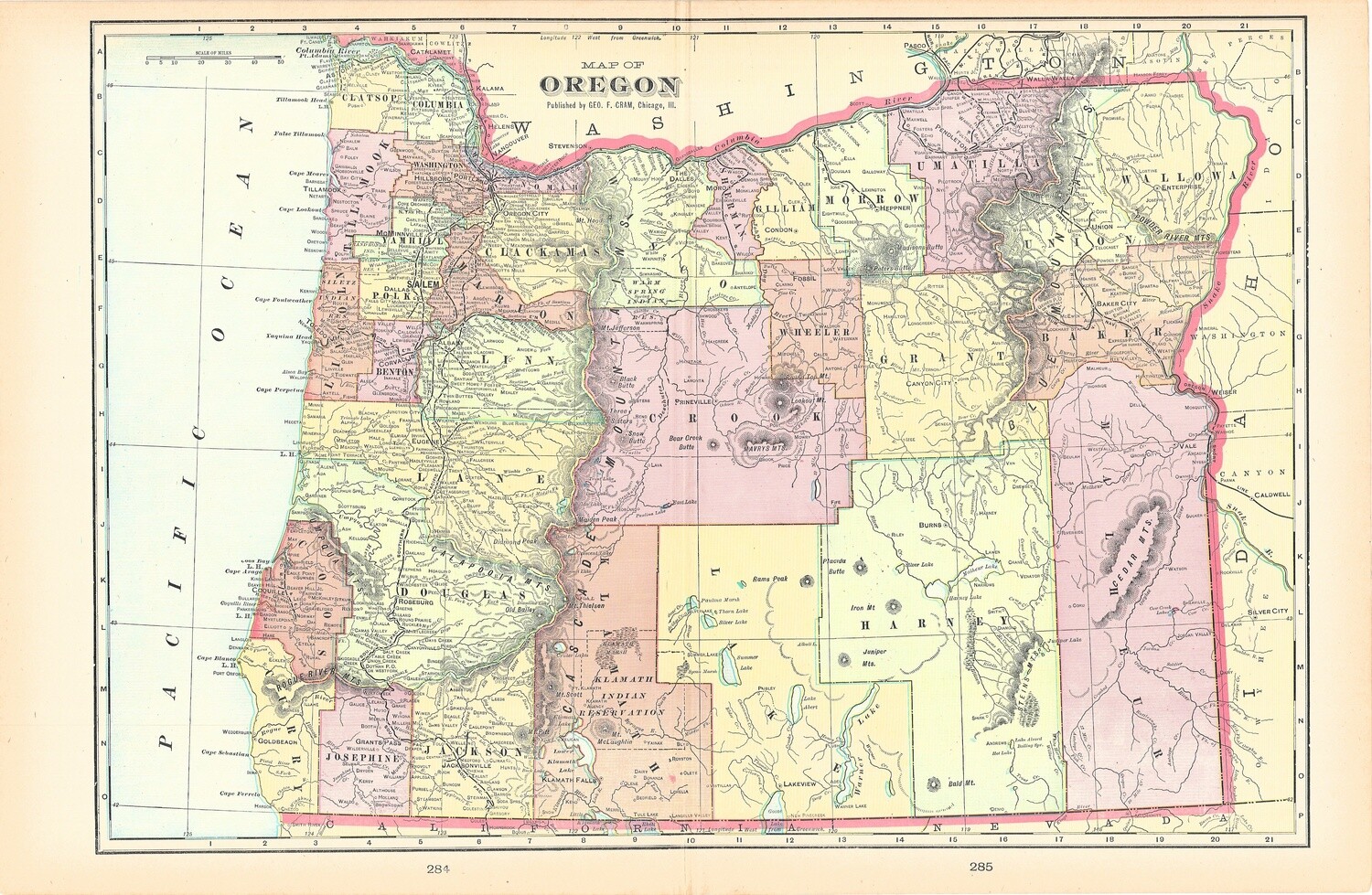 1901 Map of Oregon by Geo.Cram in Color Lithography
