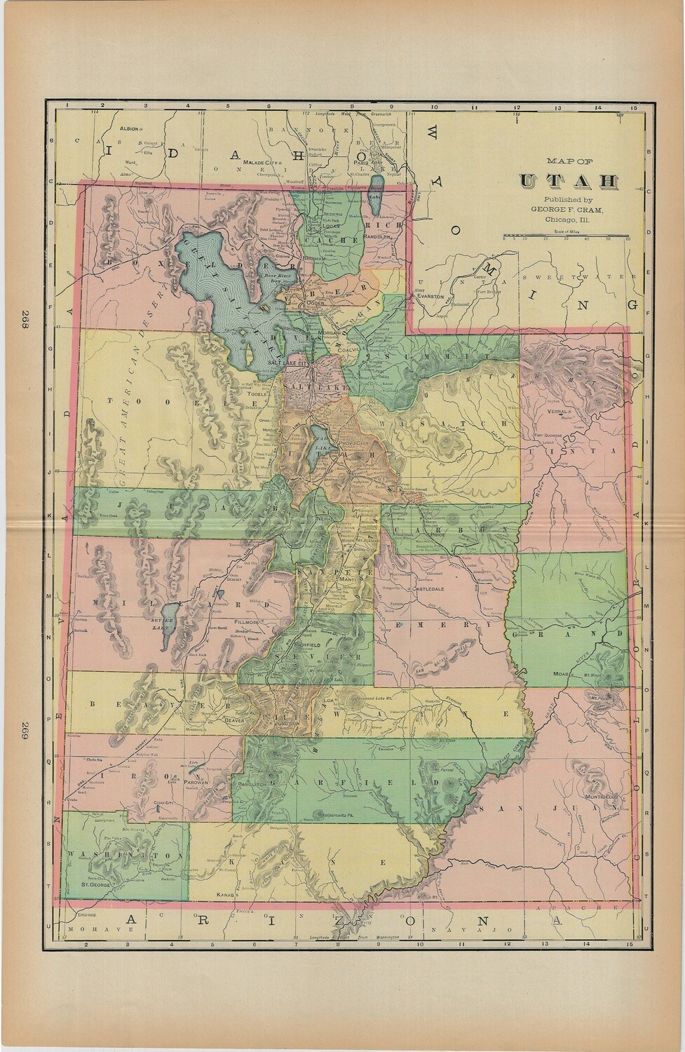 1901 Map  of Utah by Geo.Cram in Color Lithography