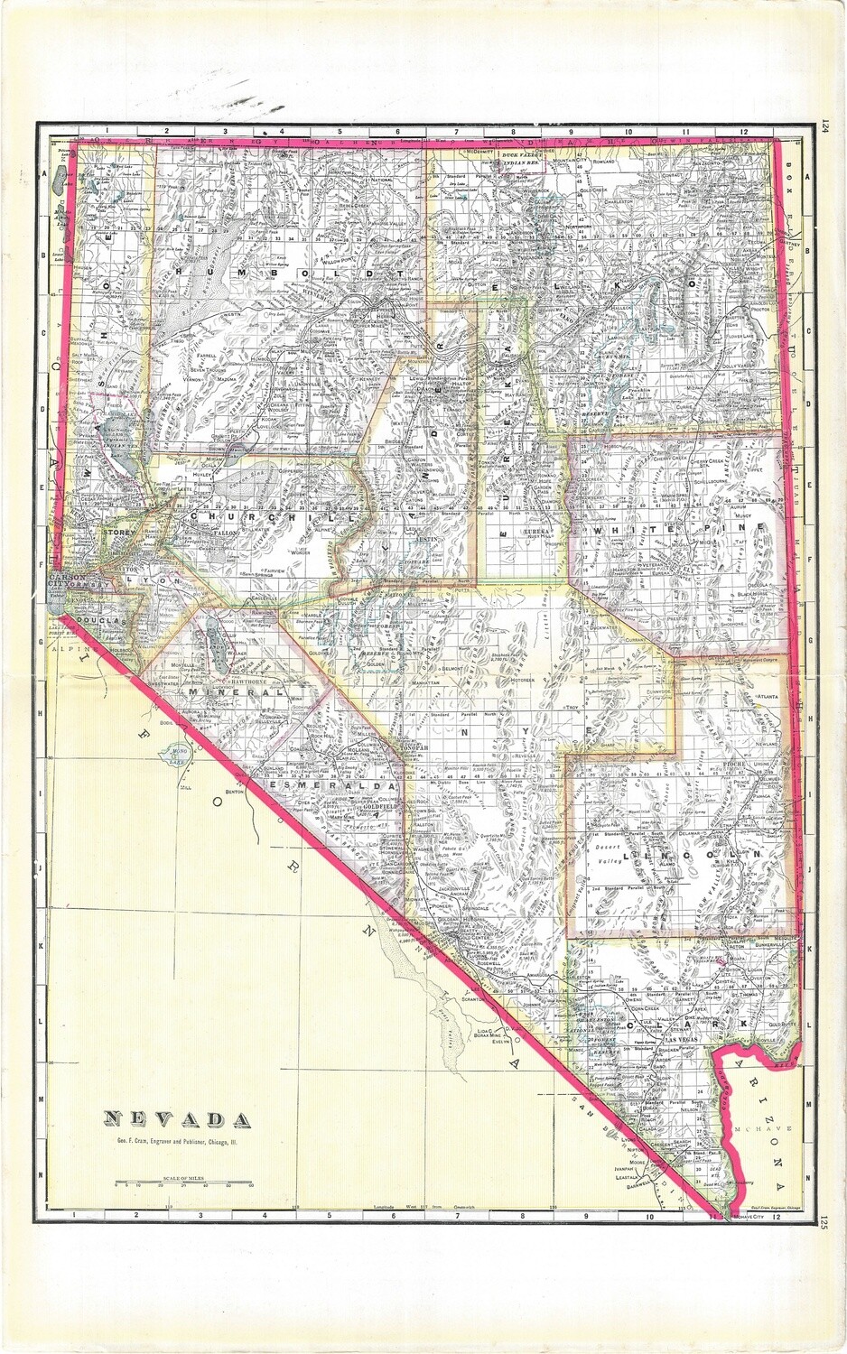 1901 Map of Nevada by Geo.Cram in Color Lithography