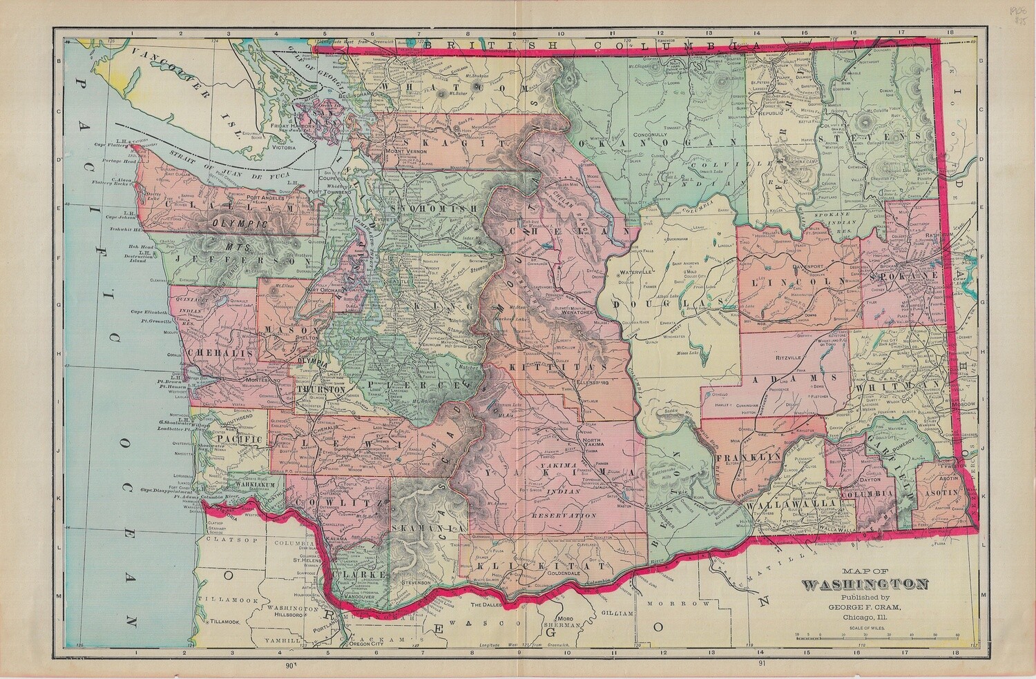 1908 Map of Washington by Geo.Cram in Color Lithography