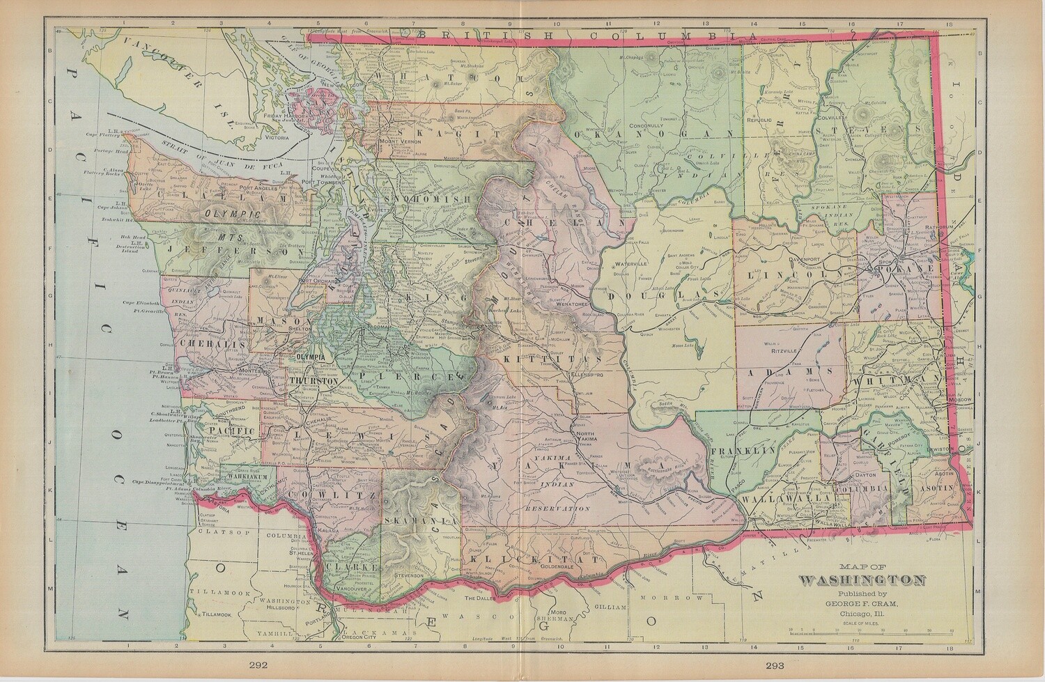 1903 Map of Washington State by Geo.Cram in Color Lithography