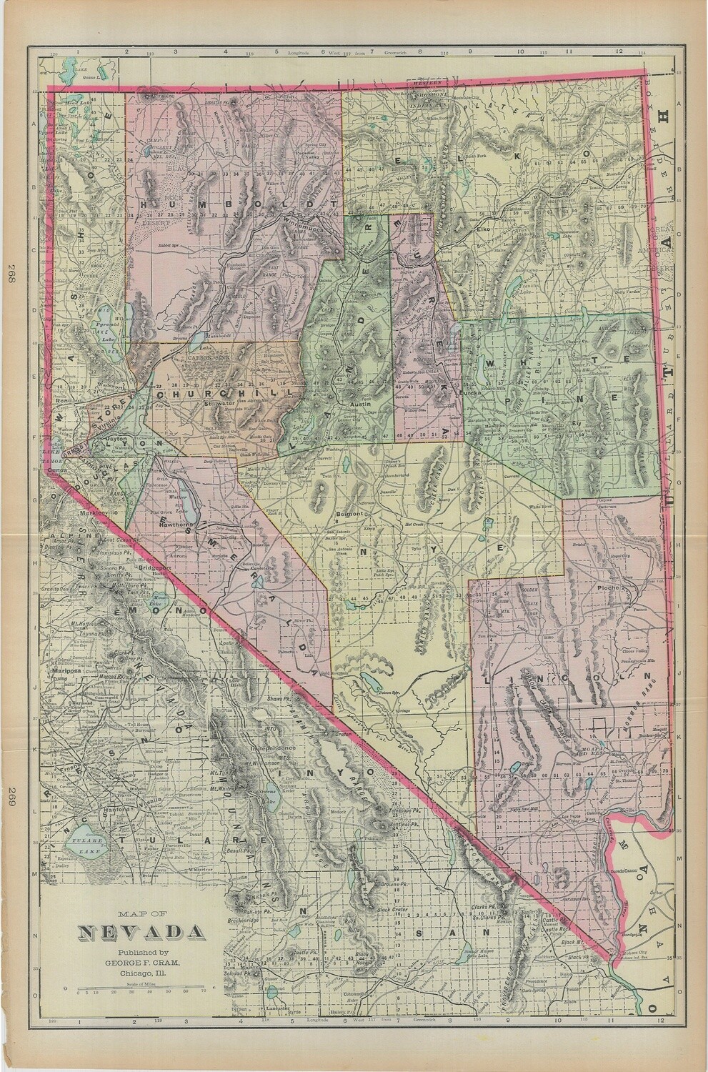 1911 Map of Nevada by Geo.Cram in Color Lithography