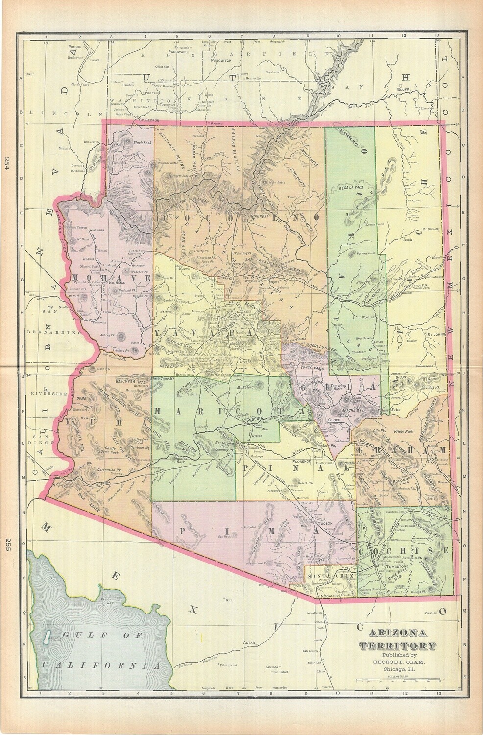 1903 Map of Arizona Territory by Geo.Cram in Color Lithography
