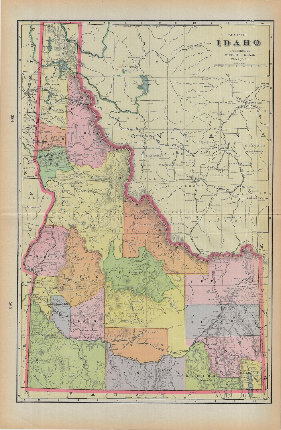 1903 Map of Idaho by Geo.Cram in Color Lithography