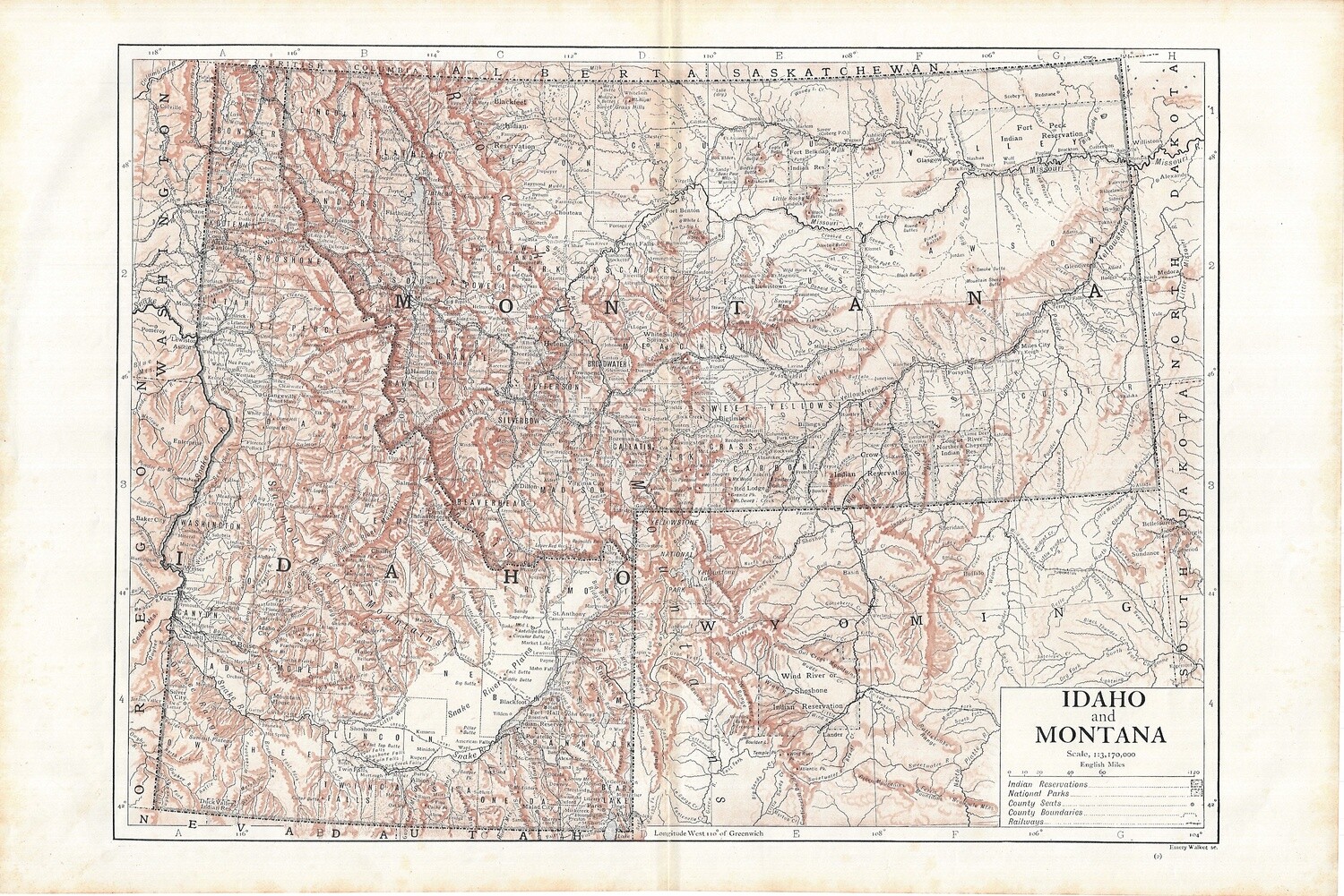 1913 Map of Idaho and Montana by Emery Walker in Duotone Lithography