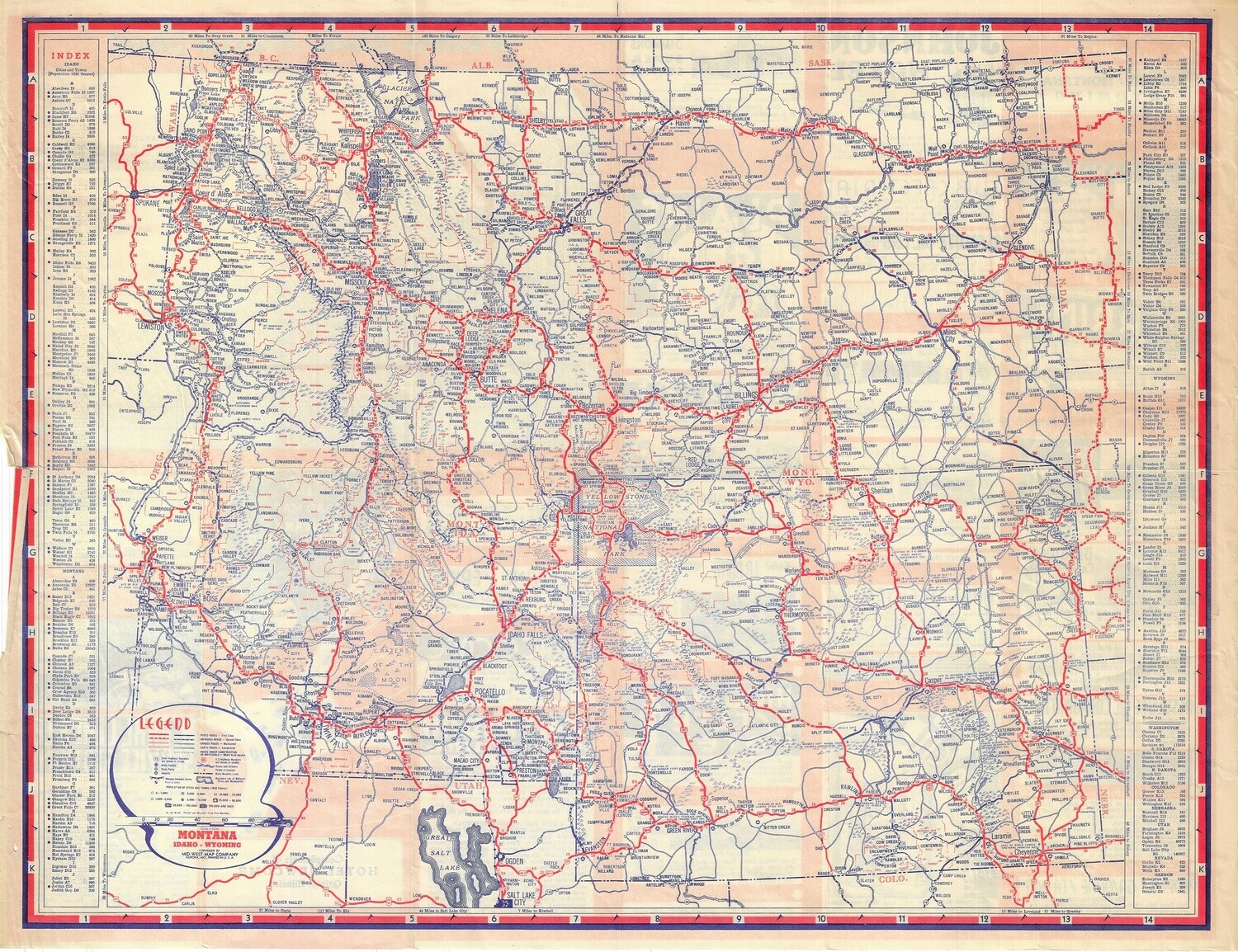 1939 Road Map of Montana Idaho Wyoming by Mid West Map Co.