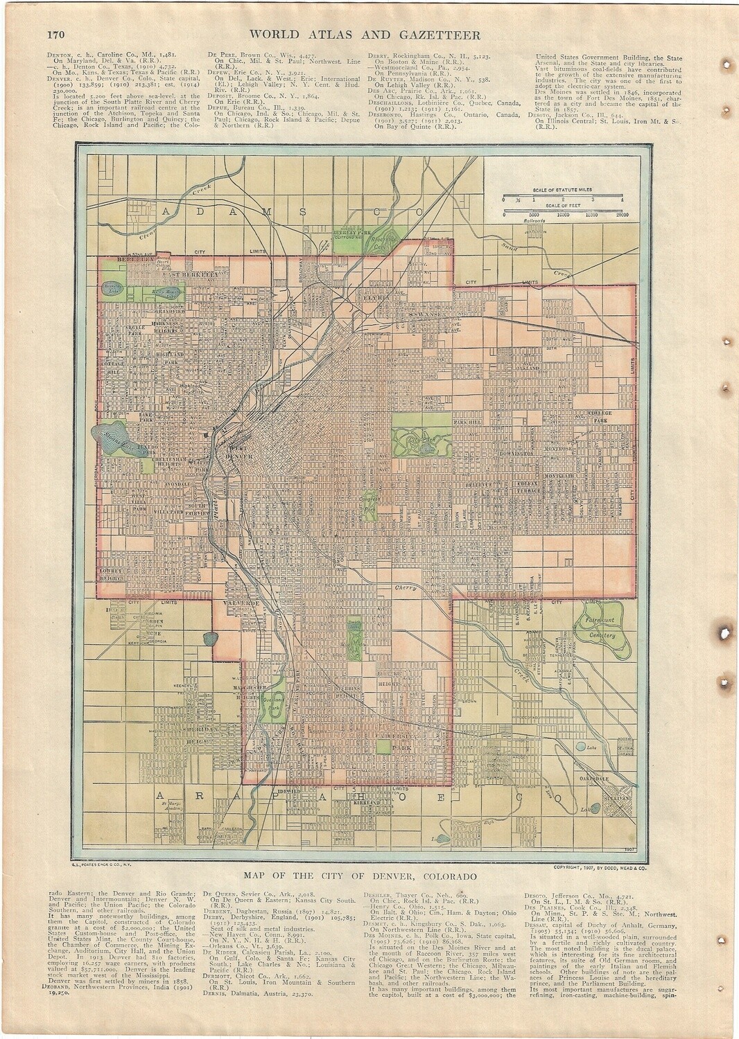 1927 Gazetteer Map of Denver, Co. with Hand Color