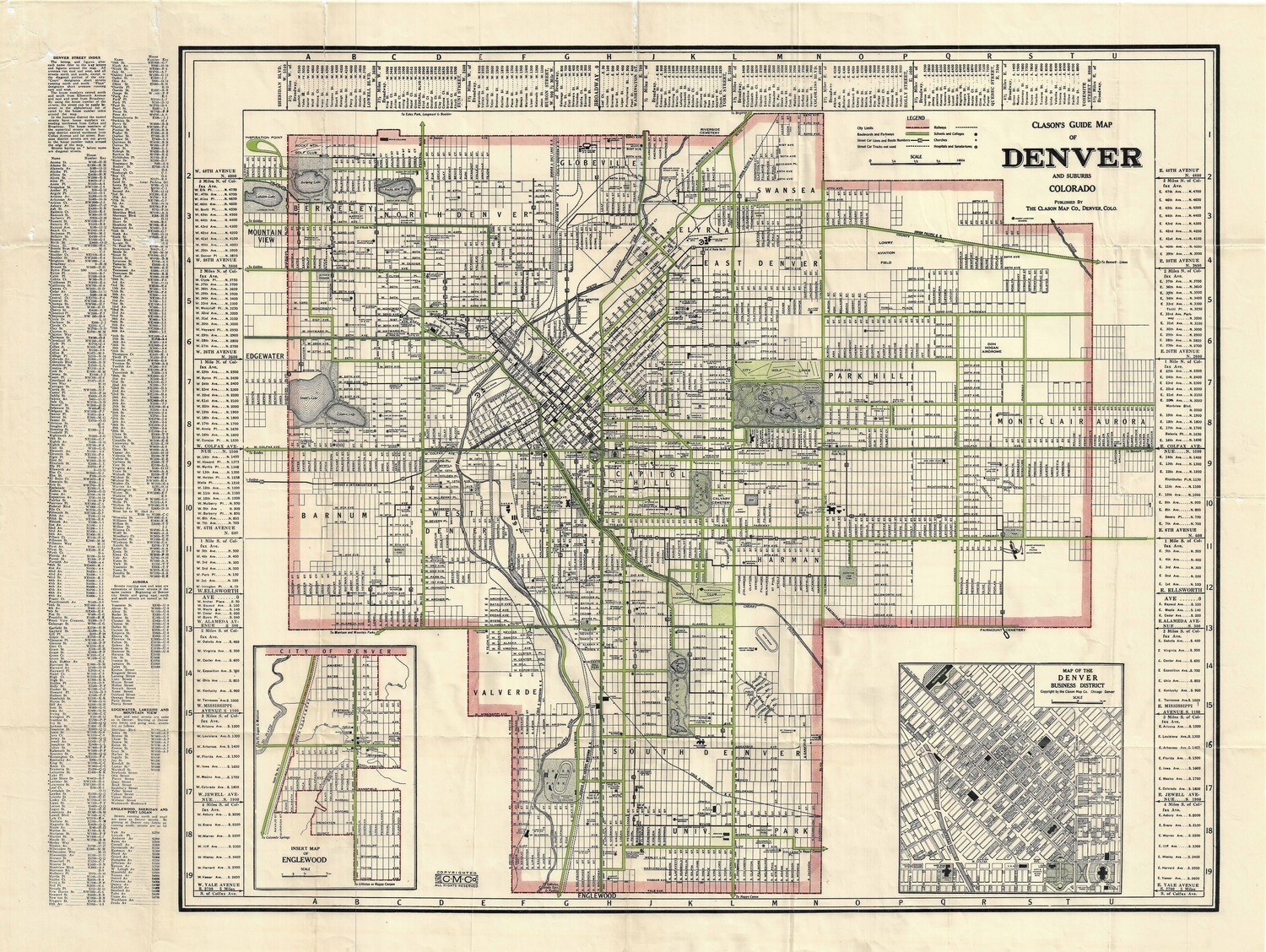 1921 Map of Denver, Co by Clason's Map Company in 3 Color Lithography