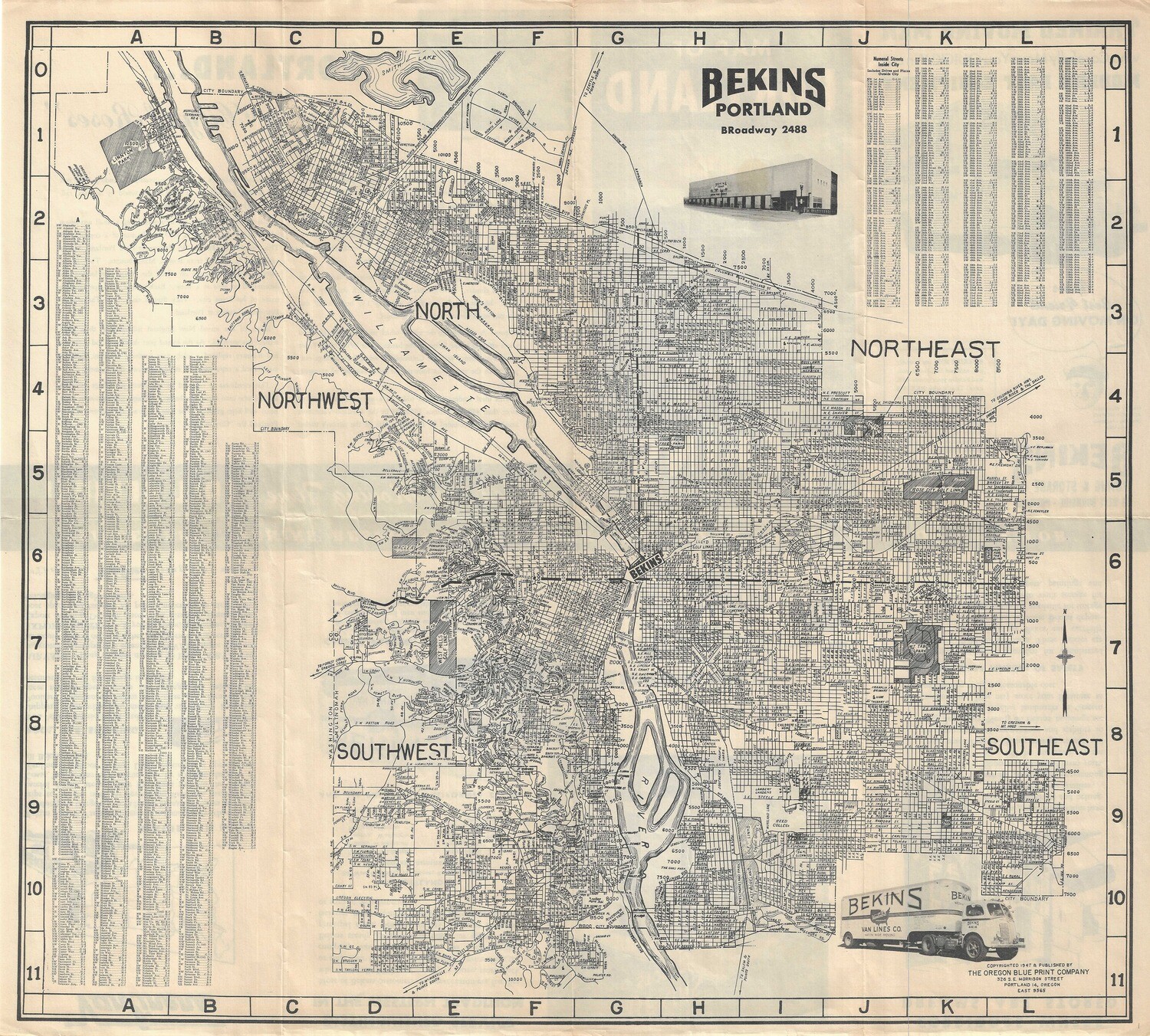 1947 Bekins Map of Portland by Oregon Blue Print Co.