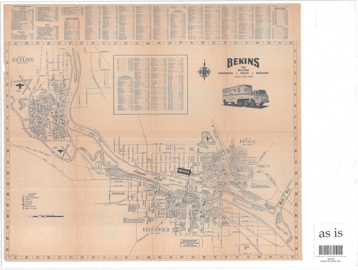 1955 Bekins Map of Tri-Cities (Kennewick, Pasco, Richland) WA