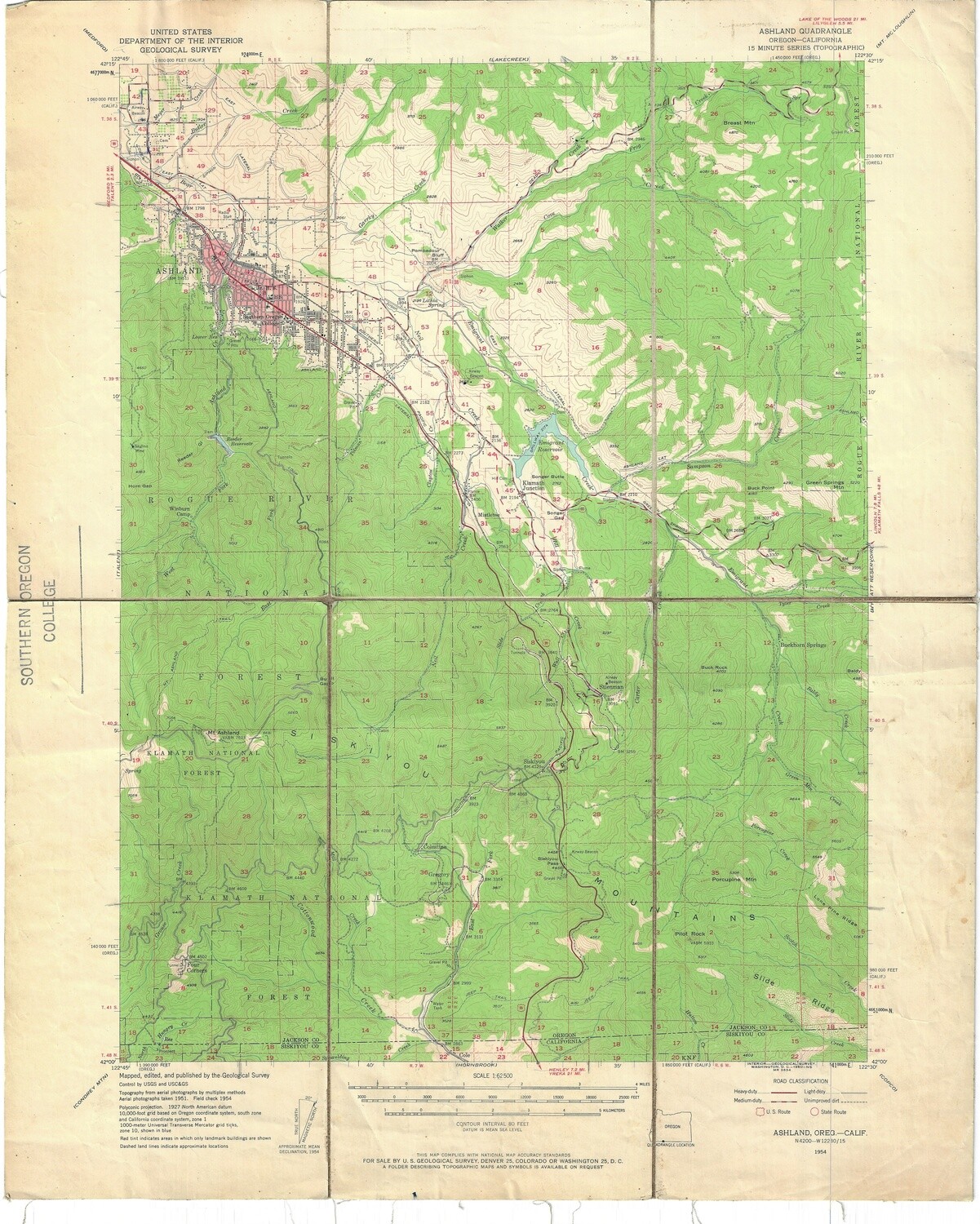 1954 USGS Ashland, Or. Quad-Linen Backed