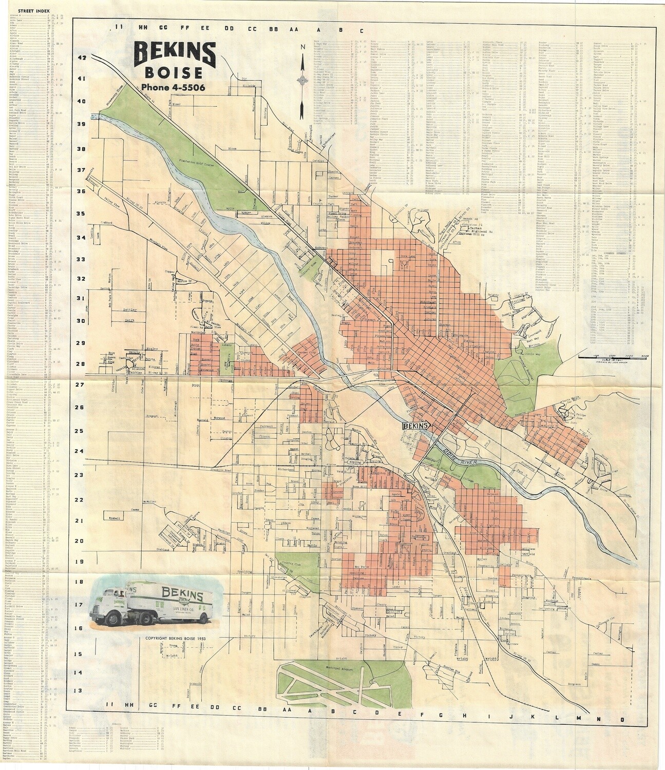 1953 Bekins Map of Boise w/ hand color