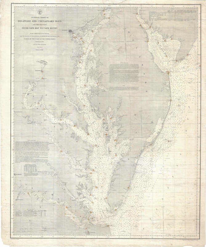 1866 Light House Chart of the Chesapeake Bay by the USCS as a Nautical Chart in Lithography w/ original hand water color