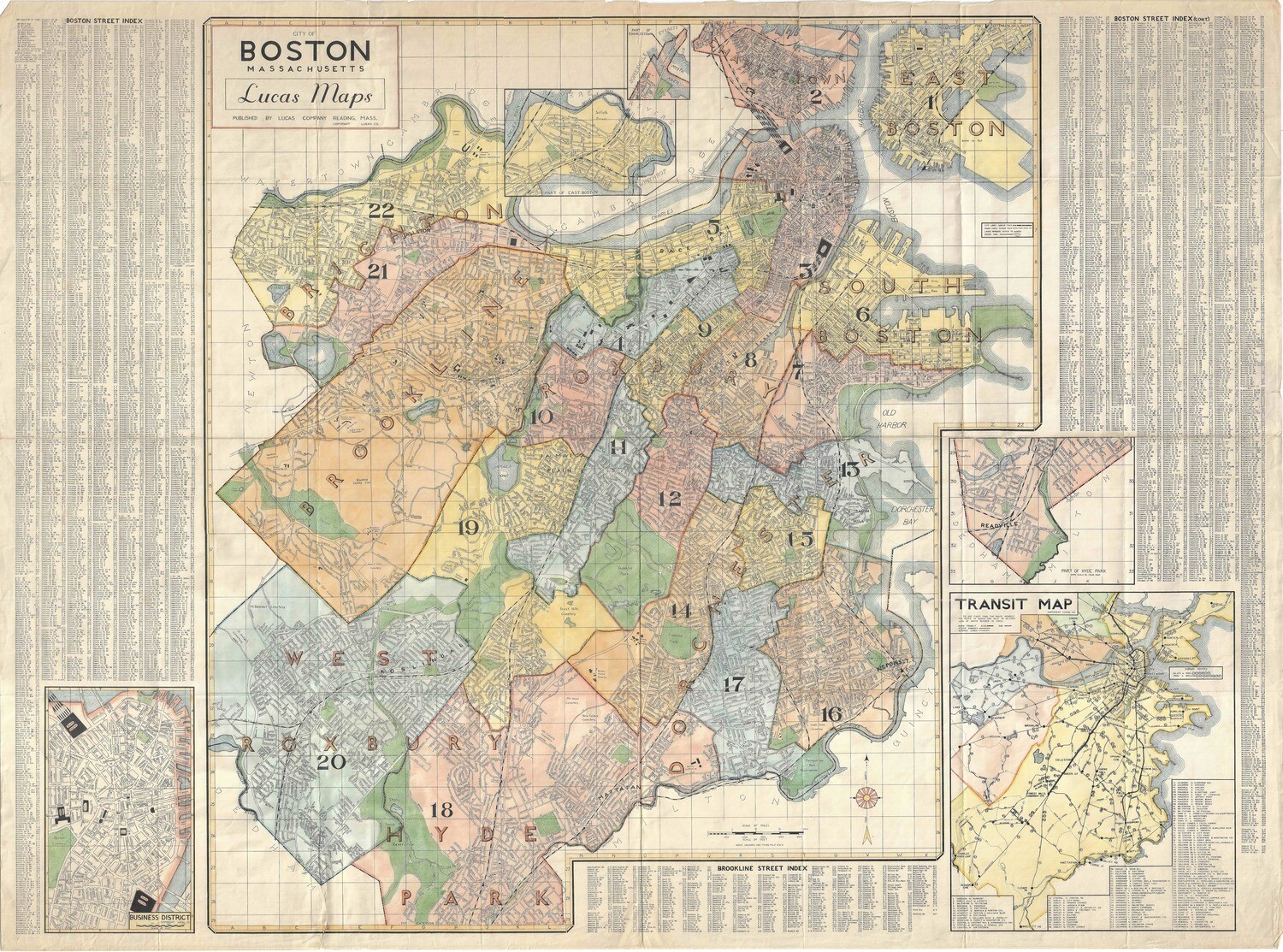 1920 Map of Boston by Lucas Maps in Lithography w/ Hand Color Added