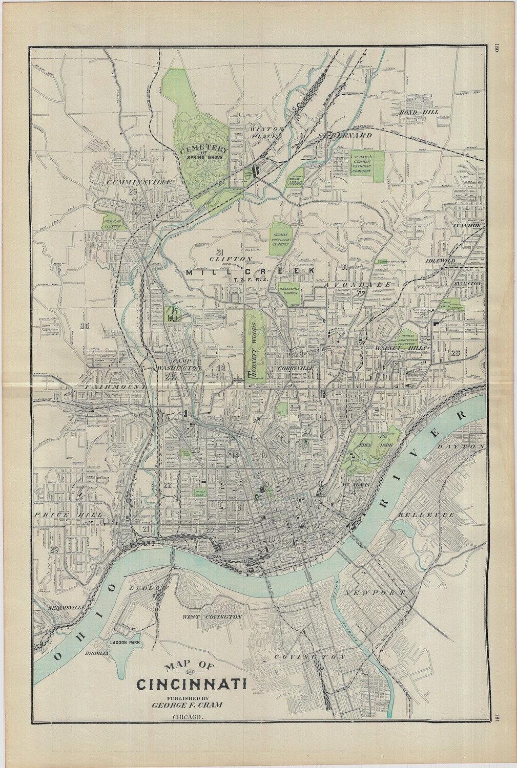 1903 Map of  Cinncinatti, Oh. by Geo.Cram in Color Lithography