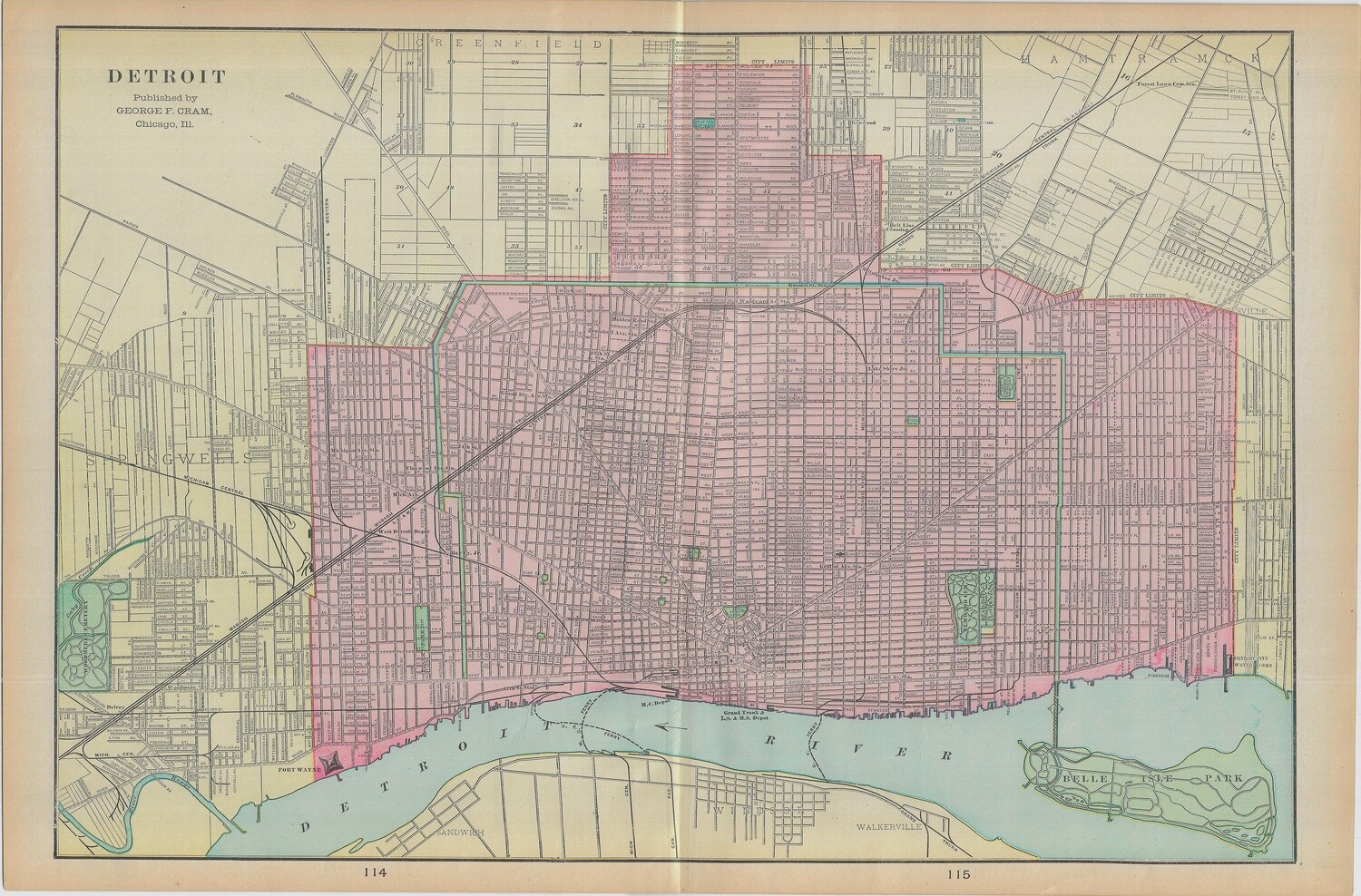 1911 Map of Detroit, Mi.by Geo.Cram in Color Lithography
