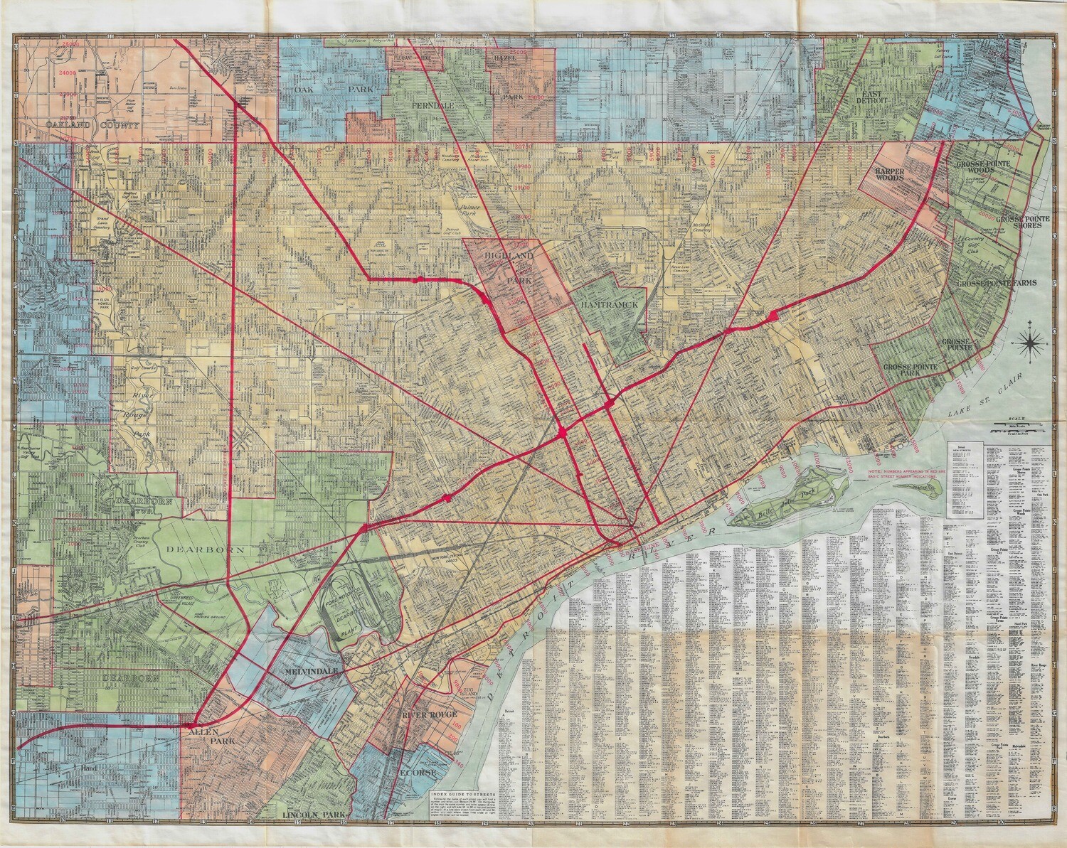 1928 Map of Detroit w/ hand color from an unidentified maker