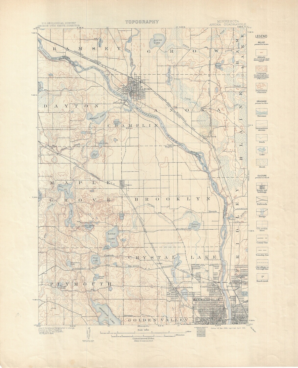 1915 (1901) USGS Topography St Paul &amp; Minneapolis, Minnesota Quads - 4 sheets