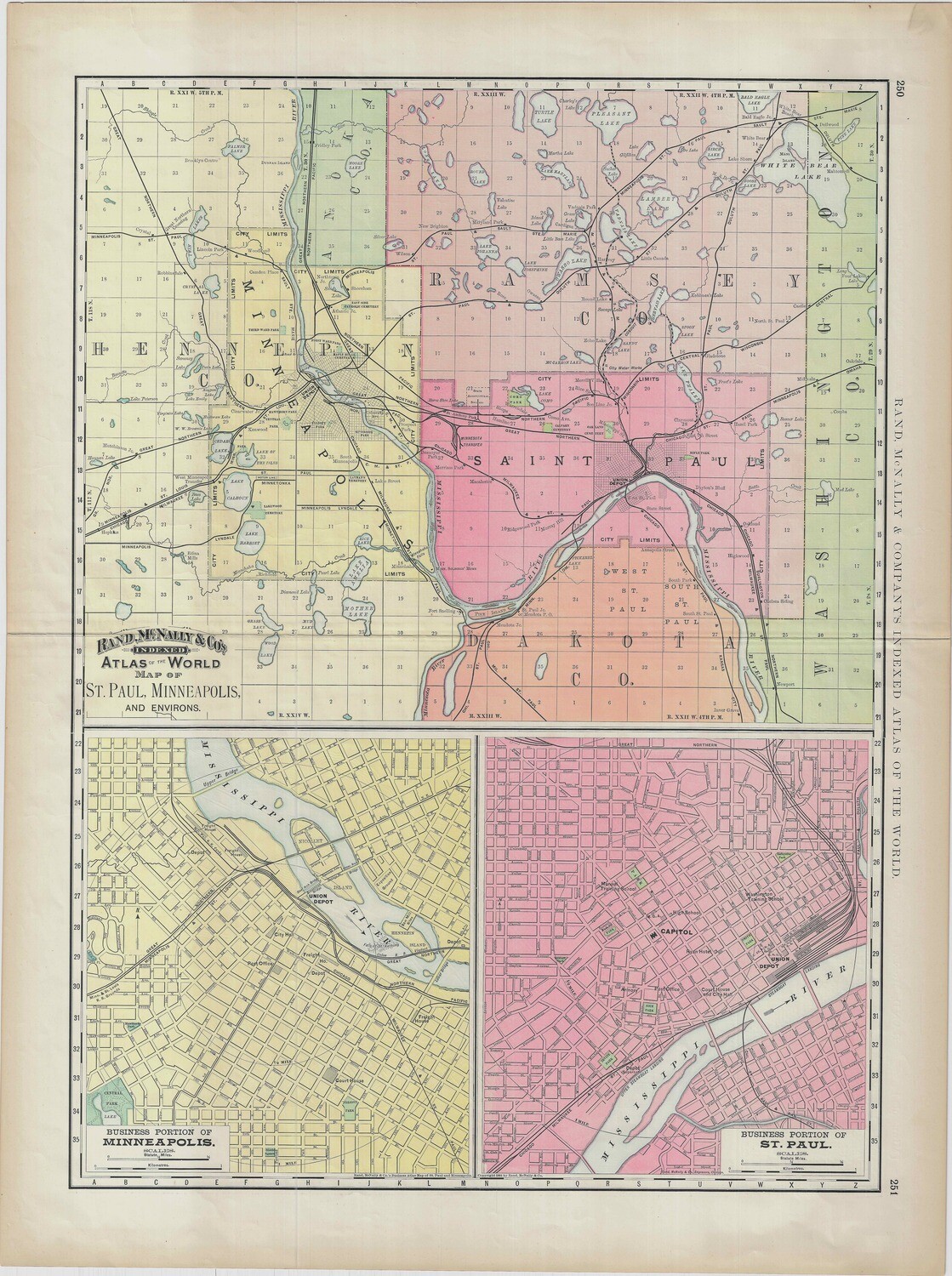 1891 Map of St Paul Minneapolis by Rand McNally in Color Lithography
